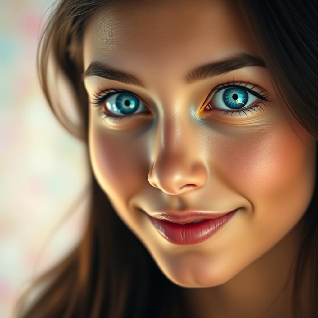 A stunning portrait of a young woman with mesmerizing bright blue eyes wide open, showcasing her beautiful features