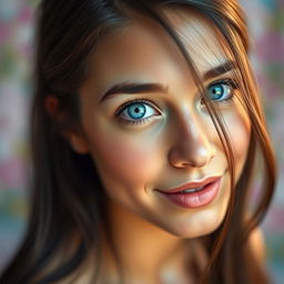 A stunning portrait of a young woman with mesmerizing bright blue eyes wide open, showcasing her beautiful features