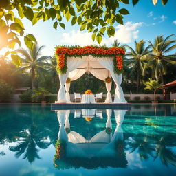 A stunning wedding mandap set beautifully above the serene pool of Lakerose Resort in Wayanad