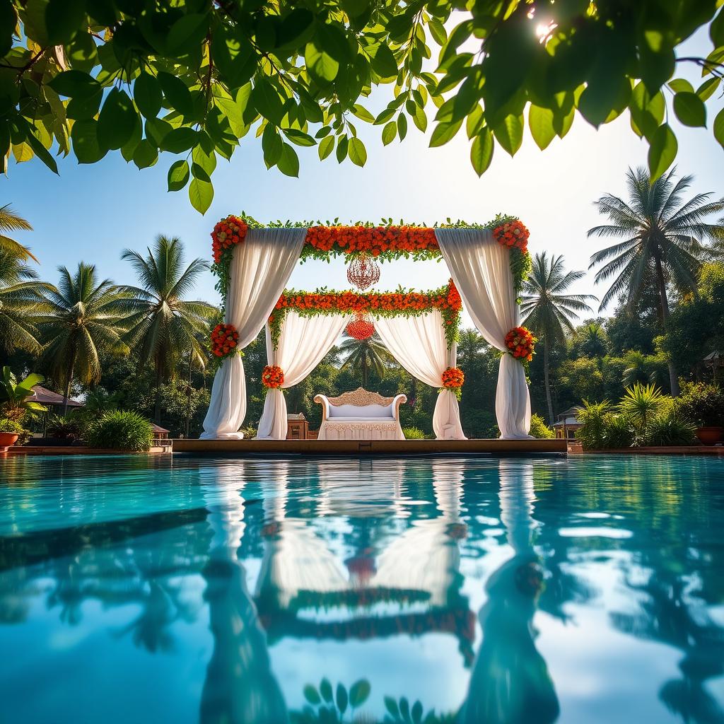 A stunning wedding mandap set beautifully above the serene pool of Lakerose Resort in Wayanad