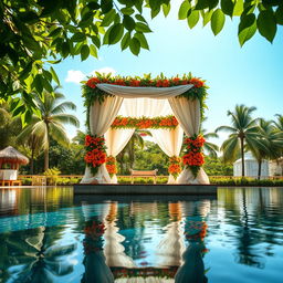 A stunning wedding mandap set beautifully above the serene pool of Lakerose Resort in Wayanad