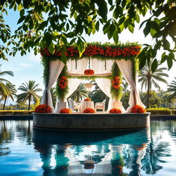 A stunning wedding mandap set beautifully above the serene pool of Lakerose Resort in Wayanad