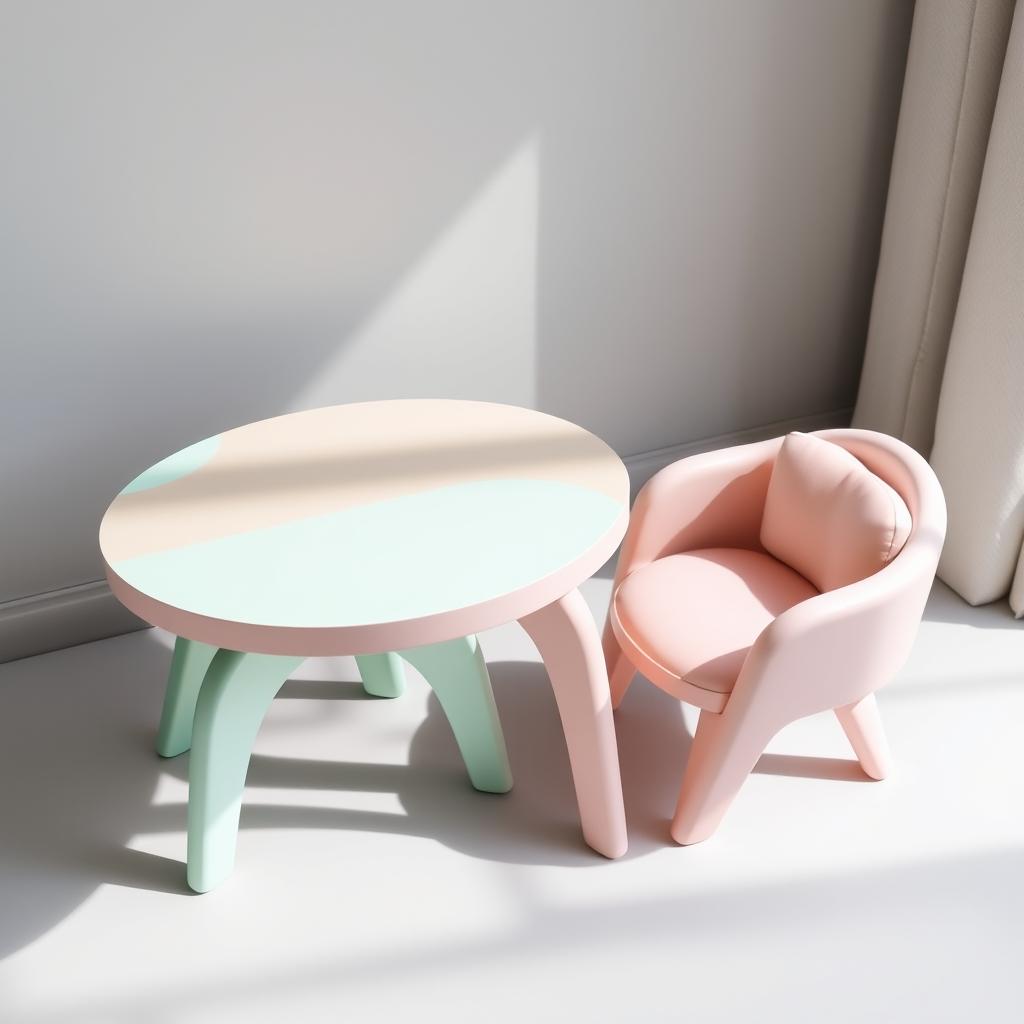 A stylish and cute set of a table and chair designed with a playful and whimsical aesthetic