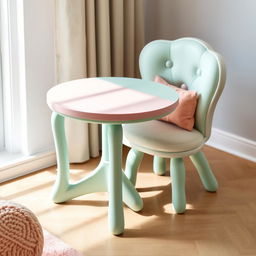 A stylish and cute set of a table and chair designed with a playful and whimsical aesthetic