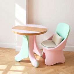 A stylish and cute set of a table and chair designed with a playful and whimsical aesthetic