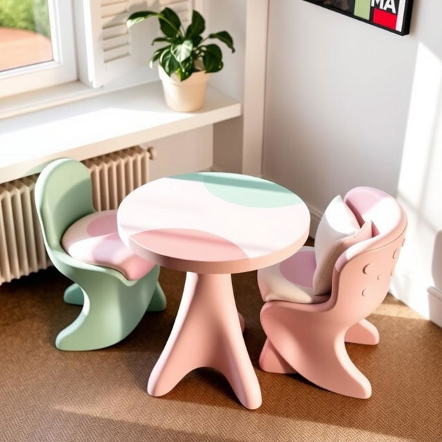 A stylish and cute set of a table and chair designed with a playful and whimsical aesthetic