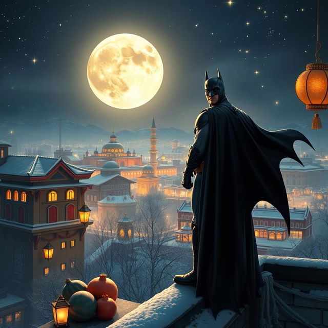 Batman standing on a rooftop during Yalda Night, surrounded by beautiful winter scenery, lit by a magnificent full moon