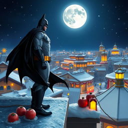 Batman standing on a rooftop during Yalda Night, surrounded by beautiful winter scenery, lit by a magnificent full moon