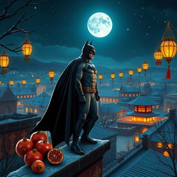 Batman standing on a rooftop during Yalda Night, surrounded by beautiful winter scenery, lit by a magnificent full moon