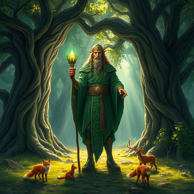 A powerful druid standing in an enchanted forest, surrounded by ancient trees and mystical creatures