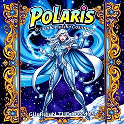 A vibrant and dynamic trading card featuring a character named Polaris, who is depicted as a powerful superhero with icy blue powers, surrounded by swirling snowflakes and a deep night sky filled with stars