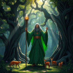 A powerful druid standing in an enchanted forest, surrounded by ancient trees and mystical creatures