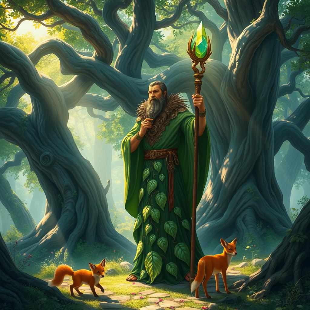 A powerful druid standing in an enchanted forest, surrounded by ancient trees and mystical creatures