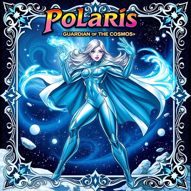 A vibrant and dynamic trading card featuring a character named Polaris, who is depicted as a powerful superhero with icy blue powers, surrounded by swirling snowflakes and a deep night sky filled with stars