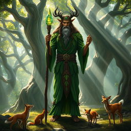 A powerful druid standing in an enchanted forest, surrounded by ancient trees and mystical creatures