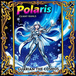 A vibrant and dynamic trading card featuring a character named Polaris, who is depicted as a powerful superhero with icy blue powers, surrounded by swirling snowflakes and a deep night sky filled with stars