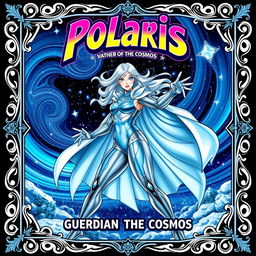 A vibrant and dynamic trading card featuring a character named Polaris, who is depicted as a powerful superhero with icy blue powers, surrounded by swirling snowflakes and a deep night sky filled with stars