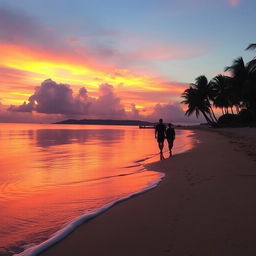 A serene beach at sunset, featuring vibrant orange and pink hues in the sky with fluffy clouds softly illuminated by the fading sun