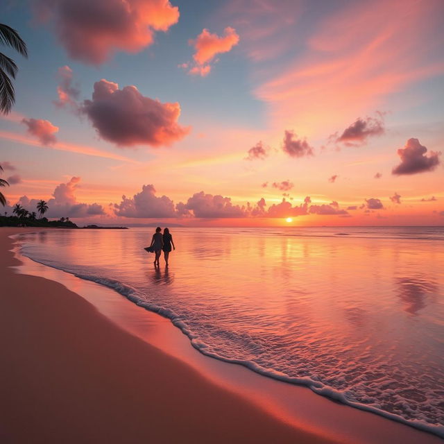 A serene beach at sunset, featuring vibrant orange and pink hues in the sky with fluffy clouds softly illuminated by the fading sun