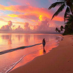 A serene beach at sunset, featuring vibrant orange and pink hues in the sky with fluffy clouds softly illuminated by the fading sun