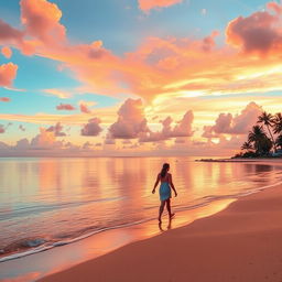 A serene beach at sunset, featuring vibrant orange and pink hues in the sky with fluffy clouds softly illuminated by the fading sun