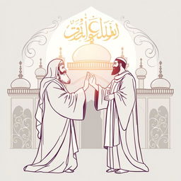 An artistic outline drawing depicting the revered figures Prophet Muhammad and Imam Ali in a respectful, spiritual context