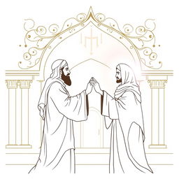 An artistic outline drawing depicting the revered figures Prophet Muhammad and Imam Ali in a respectful, spiritual context