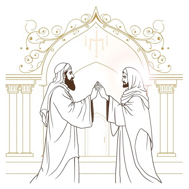 An artistic outline drawing depicting the revered figures Prophet Muhammad and Imam Ali in a respectful, spiritual context