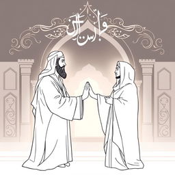 An artistic outline drawing depicting the revered figures Prophet Muhammad and Imam Ali in a respectful, spiritual context