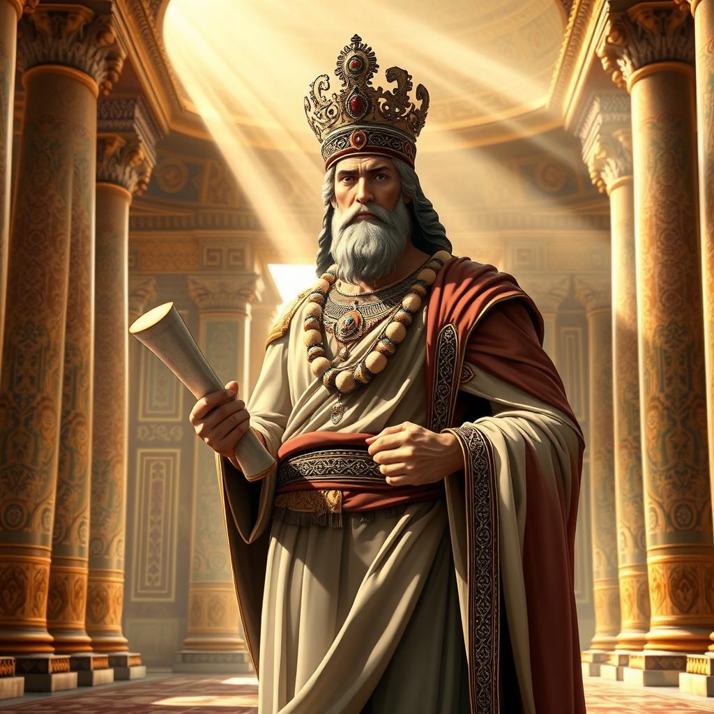 An artistic representation of Cyrus the Great, the founder of the Achaemenid Empire, depicted in a Persian royal palace setting