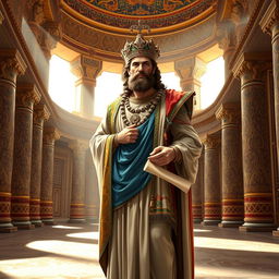 An artistic representation of Cyrus the Great, the founder of the Achaemenid Empire, depicted in a Persian royal palace setting
