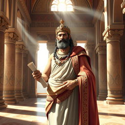 An artistic representation of Cyrus the Great, the founder of the Achaemenid Empire, depicted in a Persian royal palace setting