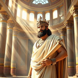 An artistic representation of Cyrus the Great, the founder of the Achaemenid Empire, depicted in a Persian royal palace setting