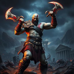 An epic scene depicting Kratos, the God of War, standing fiercely in a dramatic landscape