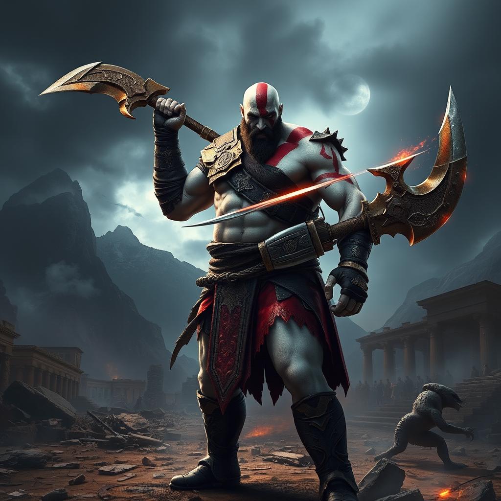 An epic scene depicting Kratos, the God of War, standing fiercely in a dramatic landscape