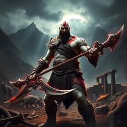 An epic scene depicting Kratos, the God of War, standing fiercely in a dramatic landscape