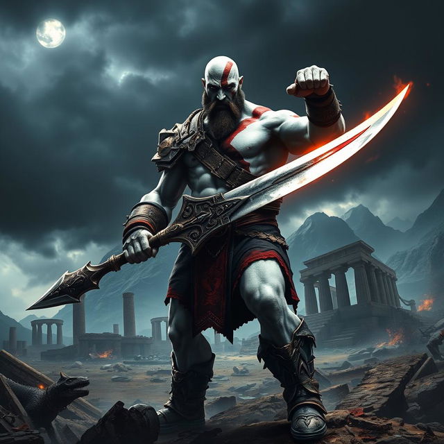 An epic scene depicting Kratos, the God of War, standing fiercely in a dramatic landscape