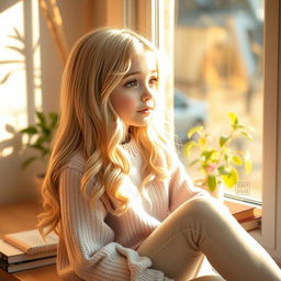 A shy blonde girl with long wavy hair, sitting on a cozy window seat, looking out with a gentle, contemplative expression