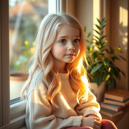 A shy blonde girl with long wavy hair, sitting on a cozy window seat, looking out with a gentle, contemplative expression