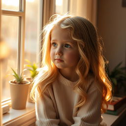 A shy blonde girl with long wavy hair, sitting on a cozy window seat, looking out with a gentle, contemplative expression