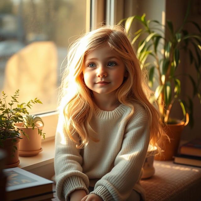 A shy blonde girl with long wavy hair, sitting on a cozy window seat, looking out with a gentle, contemplative expression