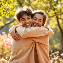 A warm and affectionate scene of a person hugging another person tightly, showcasing feelings of love and friendship