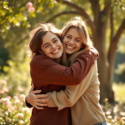 A warm and affectionate scene of a person hugging another person tightly, showcasing feelings of love and friendship