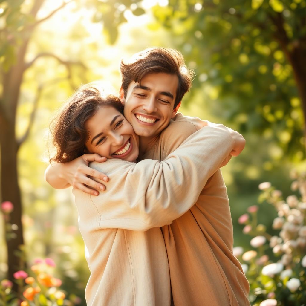 A warm and affectionate scene of a person hugging another person tightly, showcasing feelings of love and friendship