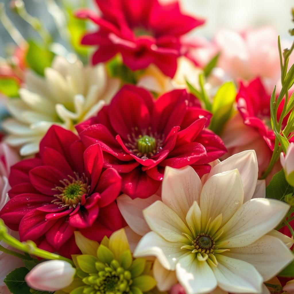 A close-up view of a beautiful, intricate floral arrangement, featuring vibrant colors like deep reds, serene whites, and lush greens