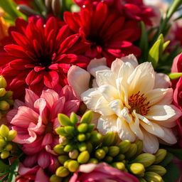 A close-up view of a beautiful, intricate floral arrangement, featuring vibrant colors like deep reds, serene whites, and lush greens