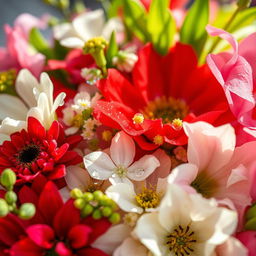 A close-up view of a beautiful, intricate floral arrangement, featuring vibrant colors like deep reds, serene whites, and lush greens