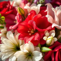 A close-up view of a beautiful, intricate floral arrangement, featuring vibrant colors like deep reds, serene whites, and lush greens