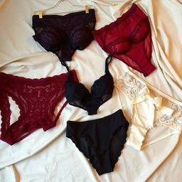 A stylish display of elegantly designed sexy underwear, showcasing intricate lace details and luxurious fabrics