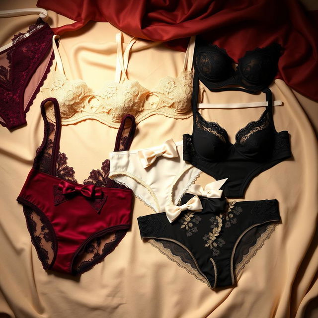 A stylish display of elegantly designed sexy underwear, showcasing intricate lace details and luxurious fabrics